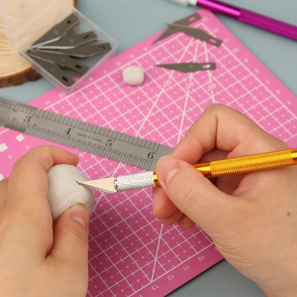 قاطع النقش من Fniiva مع 5 شفرات، مقبض معدني، سكين نحت الورق غير قابل للانزلاق، أدوات إصلاح الجلود اليدوية - 4