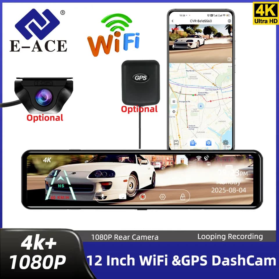 E-ACE A45P كاميرا سيارة 4K مع واي فاي وGPS، شاشة لمس 12 بوصة IPS، مرآة رؤية خلفية، خيار كاميرا خلفية، مسجل فيديو