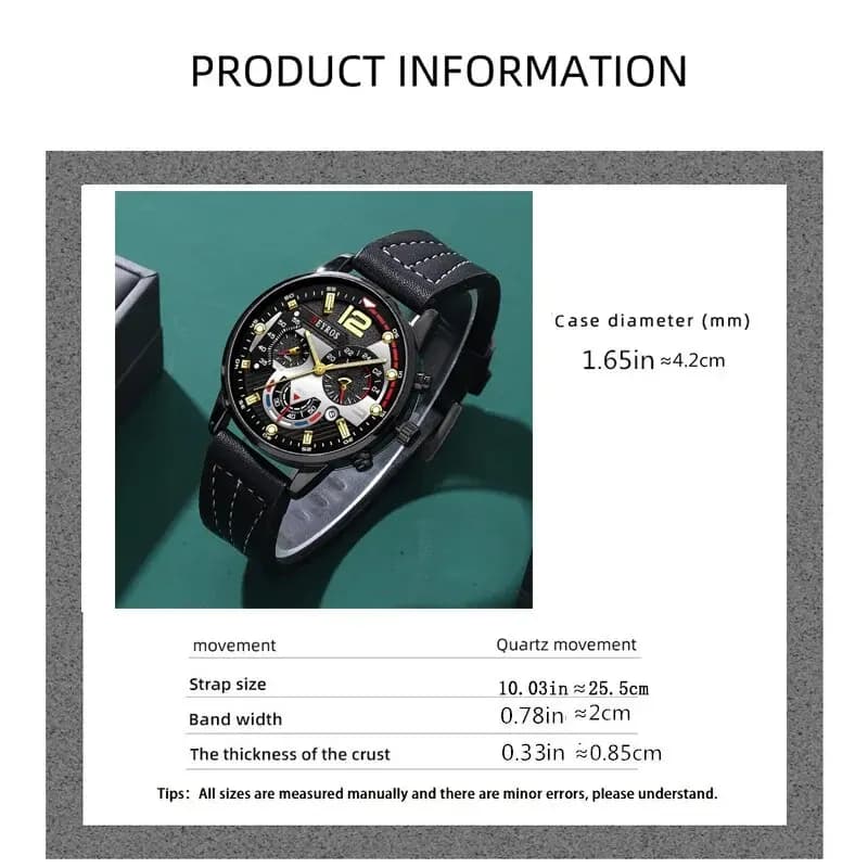 3PCS Set Fashion Mens Watches Luxury Black Leather Quartz Wristwatch Calendar Date Men Business Casual Watch Bracelet Necklace - 2