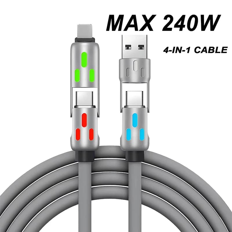New 4 in 1 Multi Connectors Charger Rotating Elbow USB to Type-C Mobile Phone 240W Fast Charging Silicone Cable Data Transfer