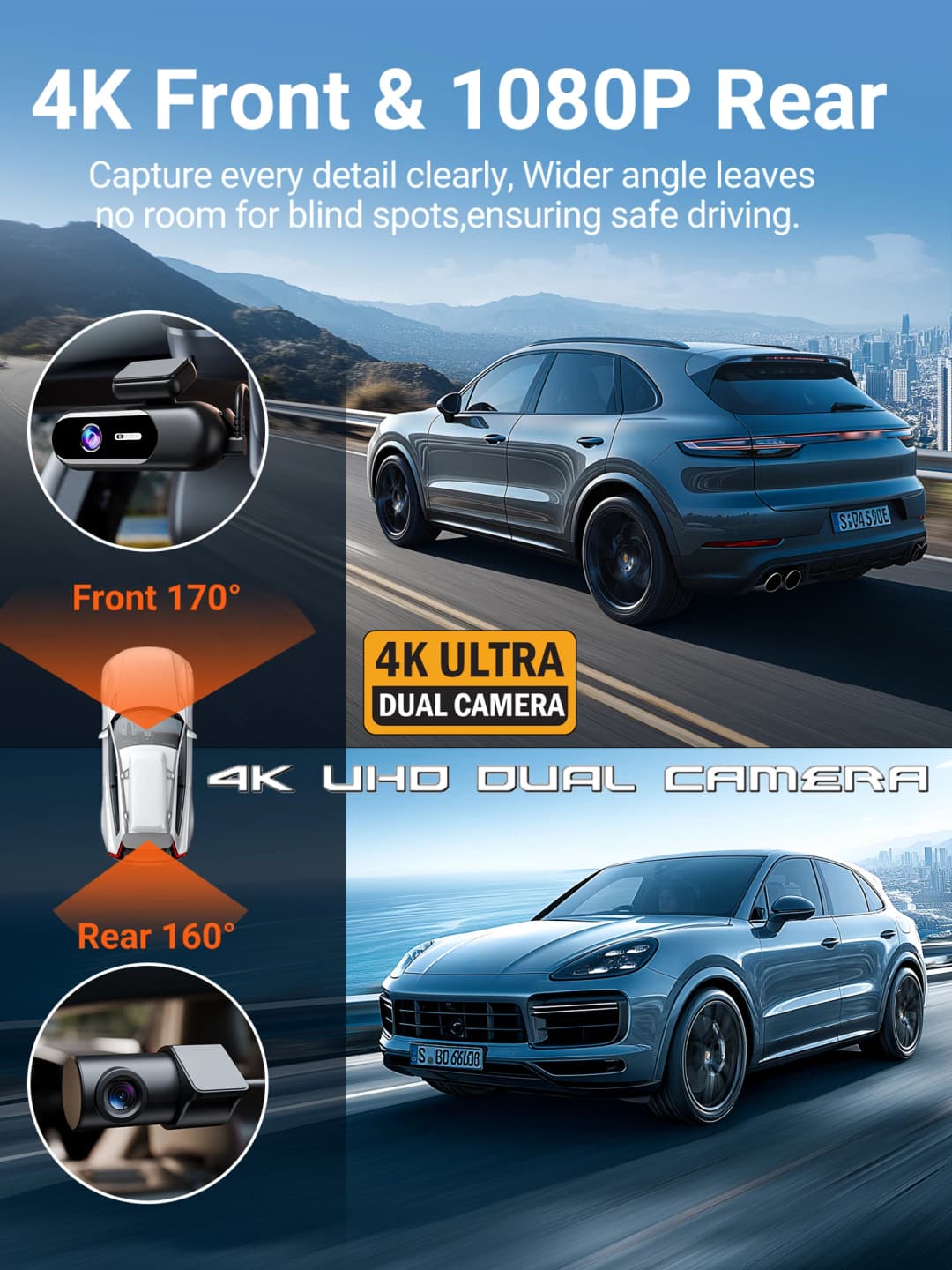 كاميرا داش للسيارات 4K UHD مع تسجيل أمامي وخلفي، HDR، رؤية ليلية، واي فاي مدمج، ومراقبة وقوف السيارات 24 ساعة عبر التطبيق - 2