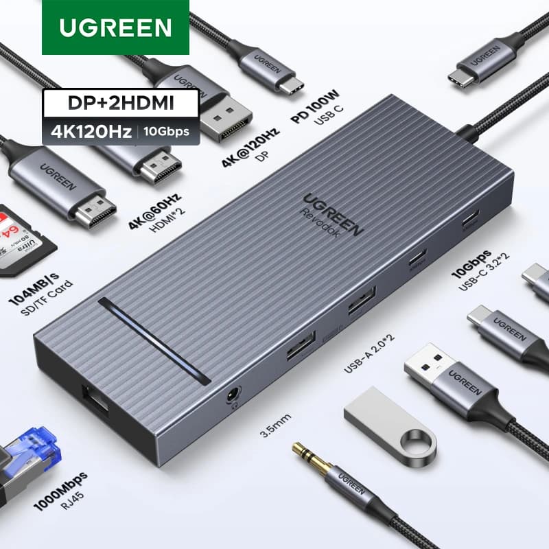 يوجرين 12-في-1 هاب يو اس بي تايب-سي إلى 2HDMI 4K120Hz DP USB3.2 10Gbps SD/TF RJ45 PD100W لماك بوك ديل اتش بي ملحقات لابتوب دوكينغ