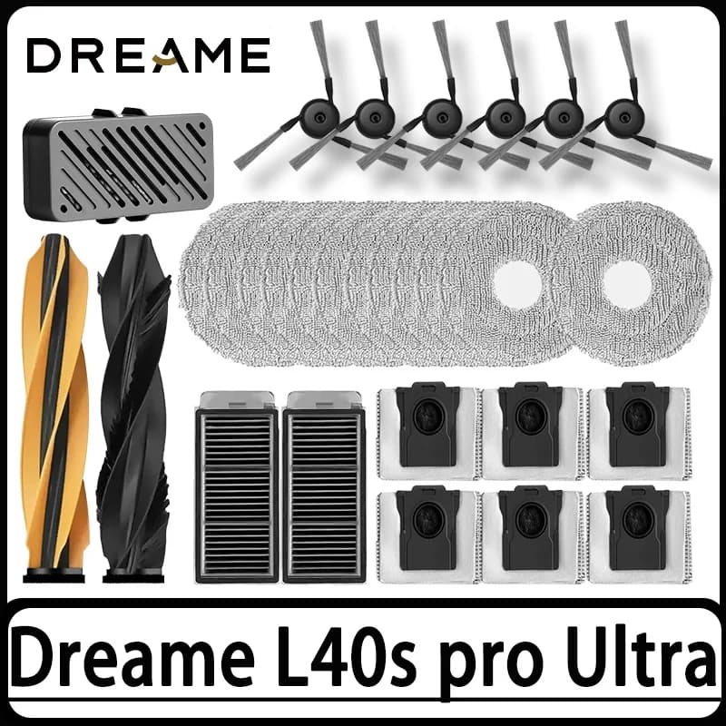 مجموعة كاملة من إكسسوارات مكنسة Dreame L40s Ultra / L40s Pro Ultra: فرشاة جانبية رئيسية، مرشح HEPA، أقمشة مسح، كيس غبار