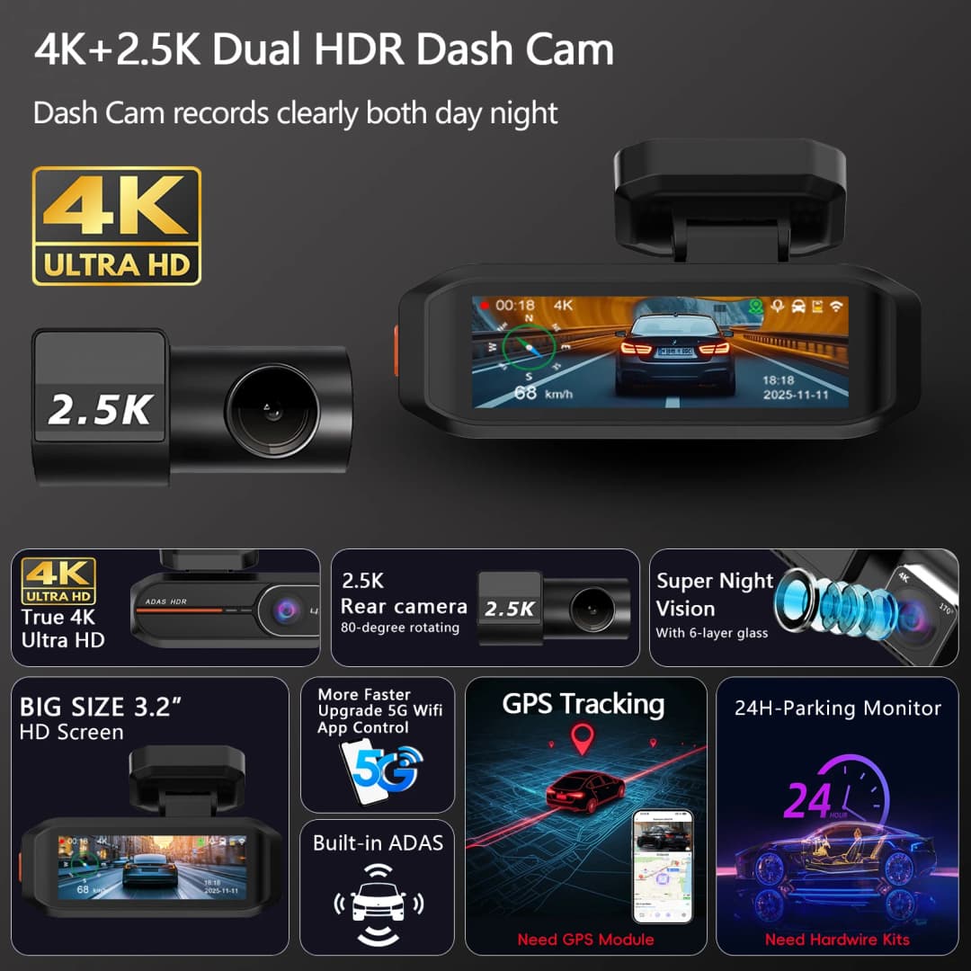 4K 3840*2160P Dash Cam WiFi GPS ADAS Front 4K Rear 2.5K DVR Video Recorder 24H Night Vision Dashcam Car Camera For Car Black Box - 2