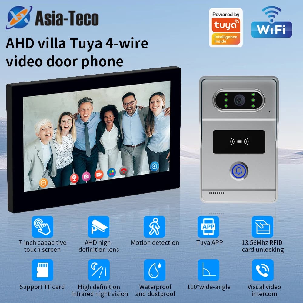 4 Wire Digital Video Intercom System 7 Inch Wireless WIFI Monitor 1080P Doorphone Camera Video Doorbell Card work with tuya app