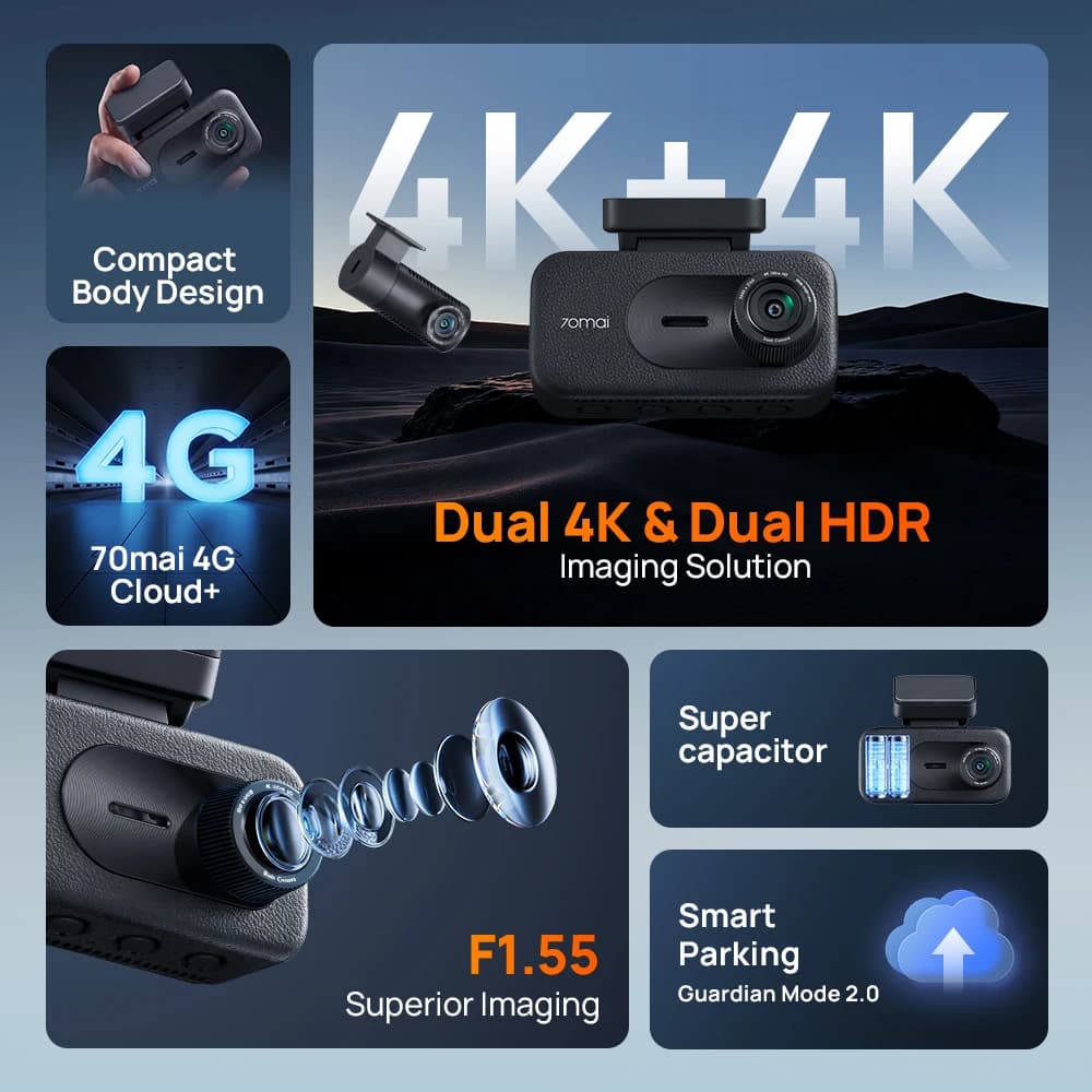 【New】70mai Dash Cam A900 Dual 4K Dual HDR f/1.55 Aperture Supercapacitor Wi-Fi 6 GPS Max 512GB 4G LTE Cloud Car DVR 70mai A900 - 2