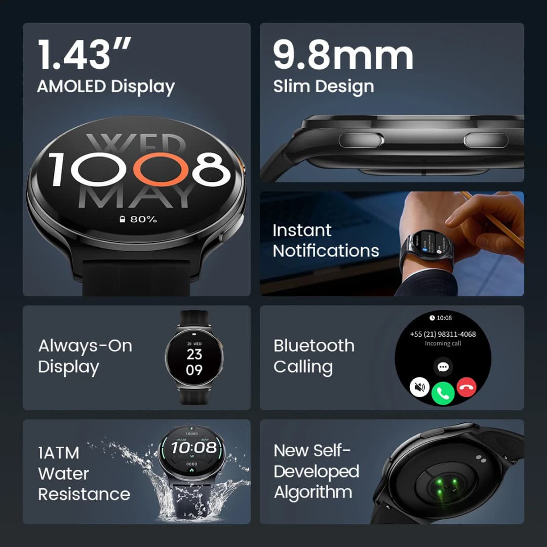 ساعة HAYLOU Solar Lite 2 الذكية بشاشة AMOLED مقاس 1.43 بوصة ومراقبة صحية على مدار 24 ساعة وأكثر من 150 وضع رياضي ومكالمات صوتية ومقاومة للماء حتى 1ATM - 2