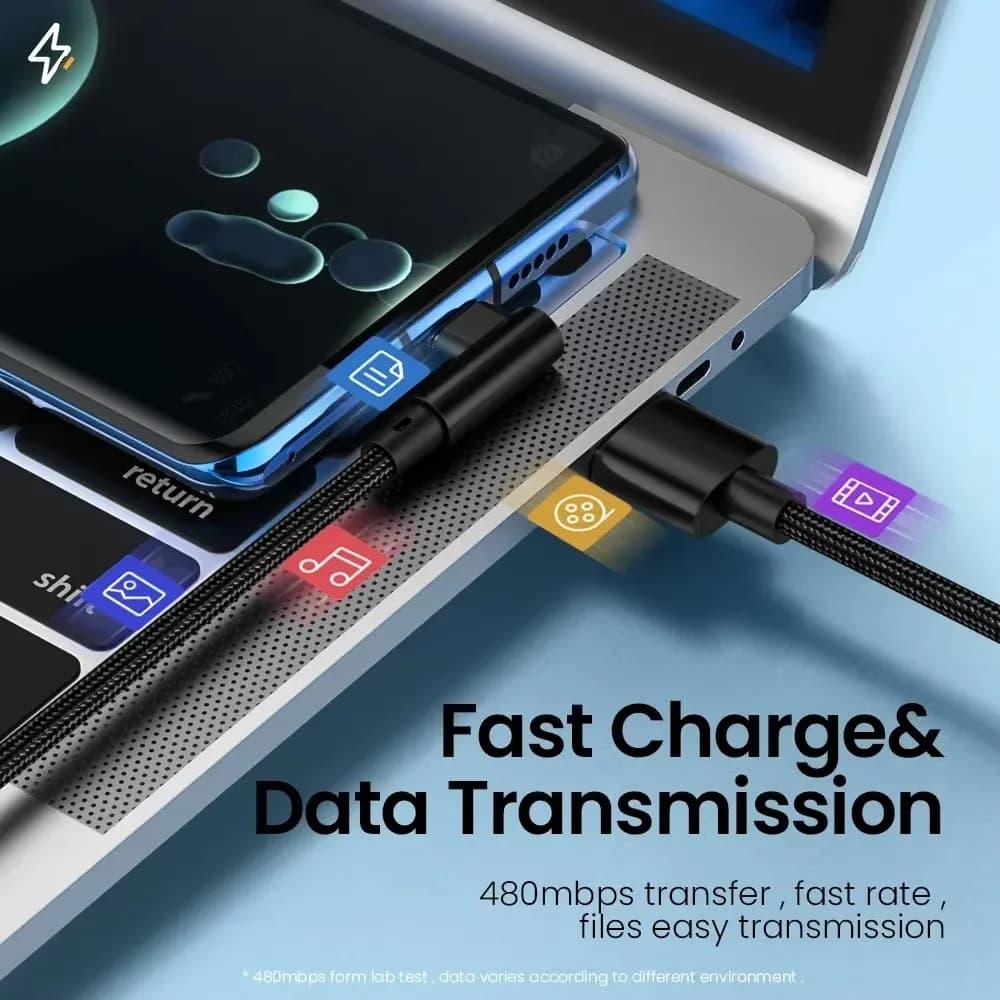 كابل USB C بزاوية 90 درجة بقوة 66 واط و6 أمبير، كابل شحن سريع لاجهزة شاومي وأونور وهواوي وون بلس وريال مي، كابل بيانات من النايلون - 5