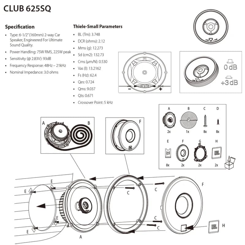 JBL Car Audio Speaker 6.5-inch CLUB 625SQ Coaxial Speaker Treble Subwoofer Full Band Stereo Surround Speaker - 2
