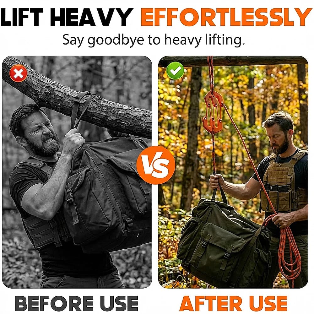 4:1 Mechanical Advantage Pulley Hoist System Heavy Duty Block and Tackle Bear Bag Game Hanger Rope Gear for Outdoor Hunting - 3