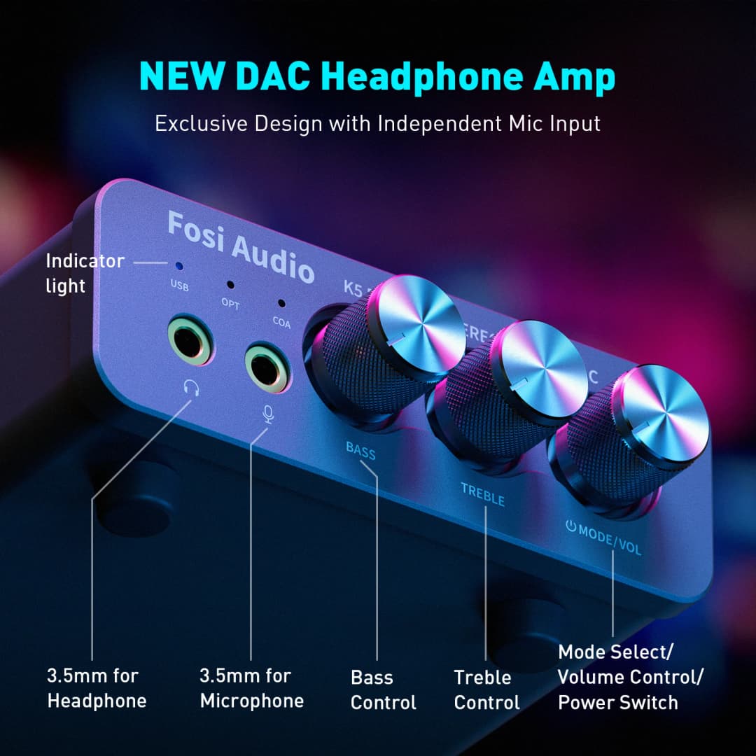 Fosi Audio K5 PRO Gaming USB DAC With Microphone Headphone Amplifier Desktop Mini Audio DAC Amp For PS5 PC - 3