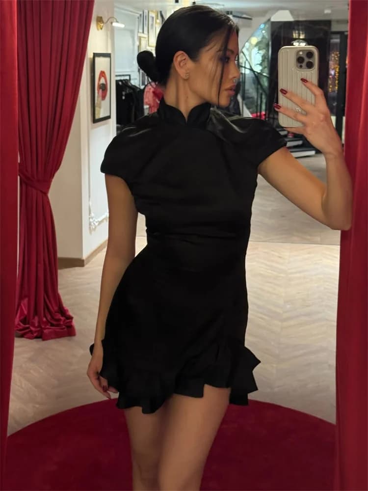 Tossy Fashion Ruffled Elegant Party Dress Women Short Sleeve Patchwork Slim Printed High Waist Dress Summer Female Mini Dress - 6