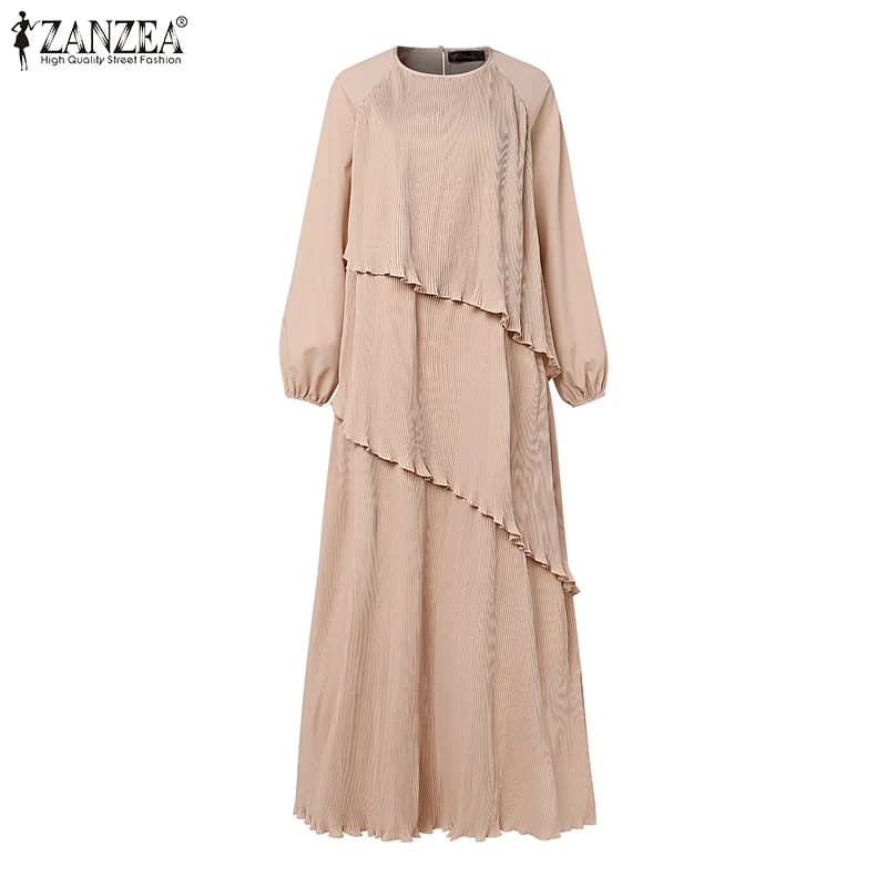ZANZEA Patchwork Lantern Sleeve Abaya Robes Women Plisse Layered Elegant Maxi Dress Muslim Fashion Islamic Hijab Pleated Dress - 2