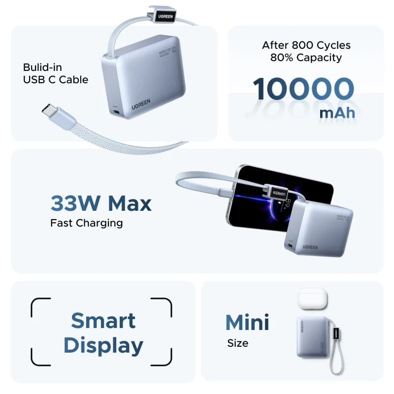 【CCC】 بنك طاقة UGREEN ميني 33 واط 10000 مللي أمبير كابل Type-C مدمج شاحن PD 30 واط متوافق مع بطارية خارجية Xiaomi 33 واط - 2