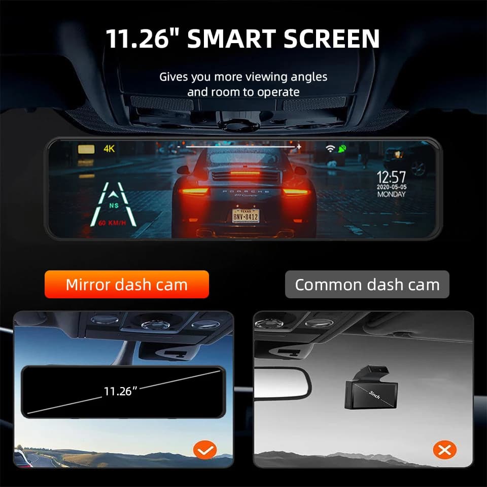 E-ACE A45P كاميرا سيارة 4K مع واي فاي وGPS، شاشة لمس 12 بوصة IPS، مرآة رؤية خلفية، خيار كاميرا خلفية، مسجل فيديو - 3