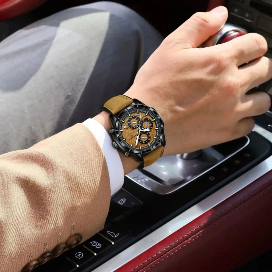 ساعة معصم POEDAGAR فاخرة للرجال كوارتز جلد أصلي بتاريخ كرونوغراف مقاومة للماء مضيئة ساعة رجالية + علبة - 5