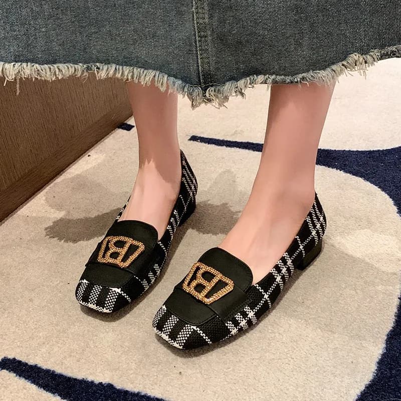 أحذية نسائية بكعب منخفض بتصميم مربع الرأس، نمط الترتان مع مشبك معدني، سهلة الارتداء لربيع وخريف - 2