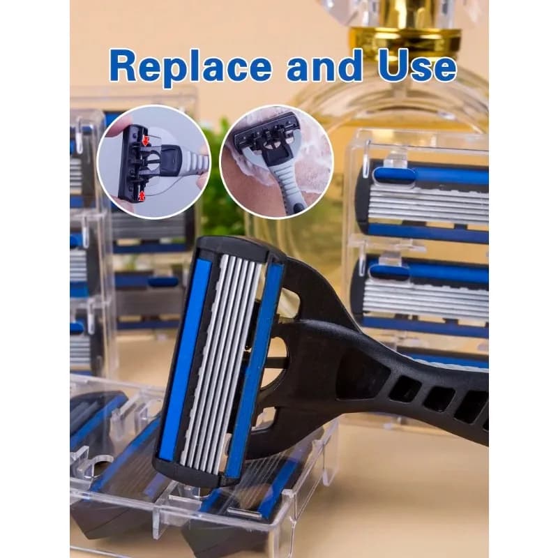 مقبض واحد + 12 شفرة، شفرة حلاقة يدوية آمنة للرجال والنساء، 6 طبقات من الفولاذ المقاوم للصدأ، رأس حلاقة قابل للاستبدال