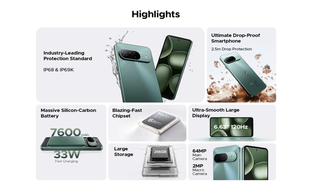 هاتف DOOGEE B10 الذكي IP68/IP69K بشاشة 6.63 بوصة بمعدل تحديث 120 هرتز وبطارية 7600 مللي أمبير ومعالج Helio G100 وكاميرا 64 ميجابكسل بنظام أندرويد 16 - 3