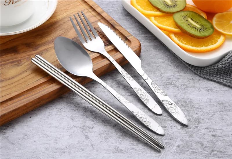7pcs/ Set Stainless Steel Tableware Set Outdoor Portable Cloth Bag Knife Fork Spoon Chopsticks Straw Rich Flowers Seven Sets - 5