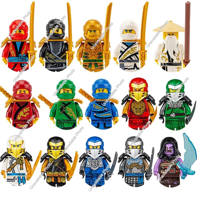شخصيات نينجا من Hot Toys: جارمادون، جاي، زين، كاي، نيا، لويد، ساموكاي، كول، هارومي، ألترا فيوليت، بايرو سنيك، مورو، قطع بناء لألعاب الأطفال