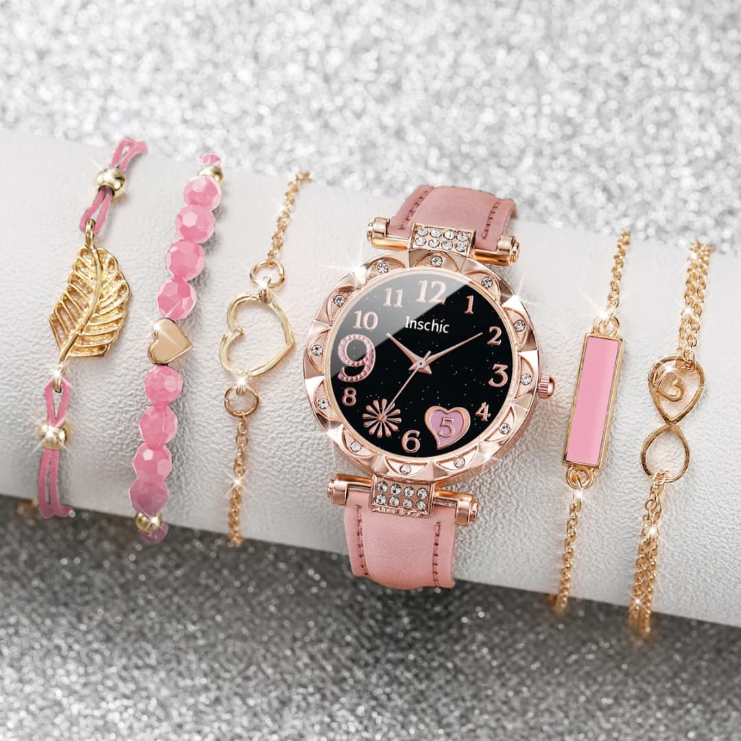 6PCS/Set Fashion Heart Dial Women's Watch Casual Leather Band Analog Quartz Watch Leaf Bracelets Set（Without Box） - 2