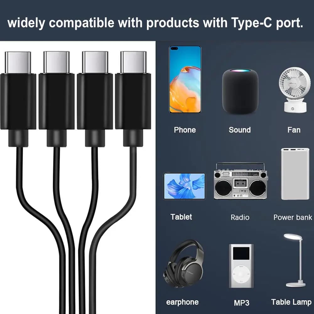كابل شحن USB C أنثى إلى 4 ذكر، سلك شاحن متعدد بمنفذ USB من النوع C من 1 إلى 4/6 لتسليم الطاقة إلى أجهزة النوع C - 3