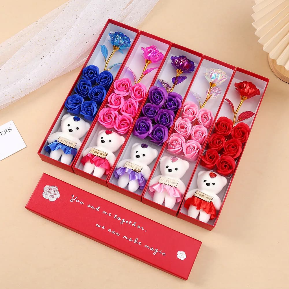 دب محشو صندوق هدية زهور اصطناعية ورد صابون وردة ذهب 24 قيراط هدية عيد الحب عيد الأم زفاف ديكور منزلي - 2