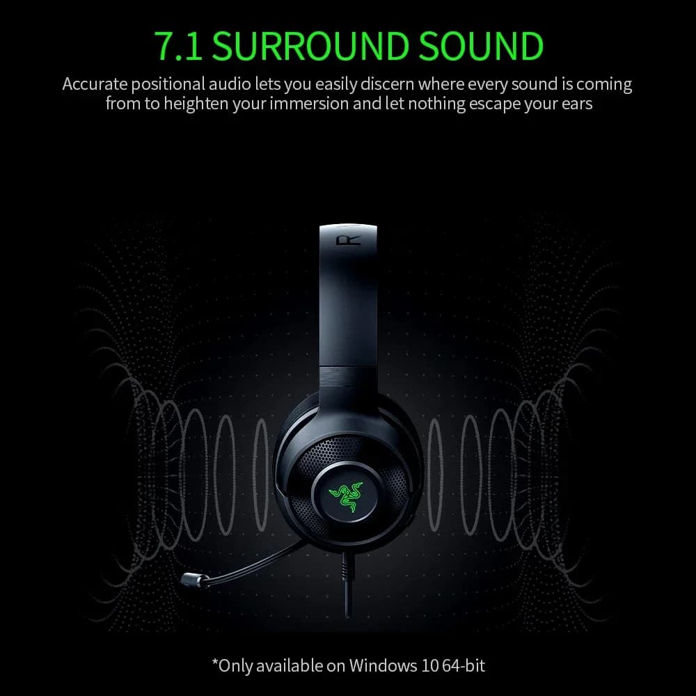 Razer Kraken X Essential Gaming Headset 7.1 Surround Sound Headphone Bendable Cardioid Microphone 40mm Driver Unit Headphones - 3