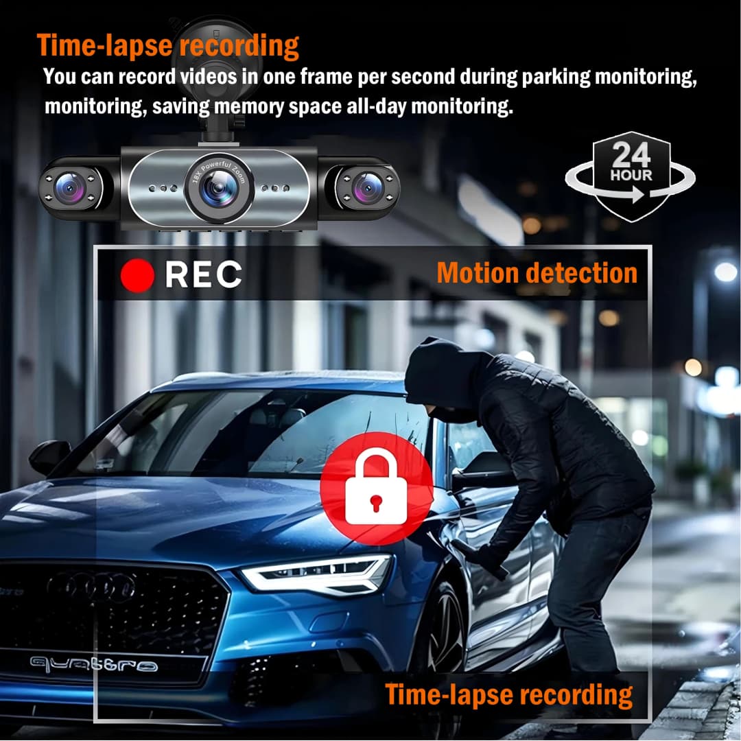 كاميرا داش 4 قنوات بدقة 360 درجة، مسجل فيديو للسيارة مع رؤية ليلية 24/7، شاشة ركن السيارة، مستشعر G، وتسجيل حلقي - 5