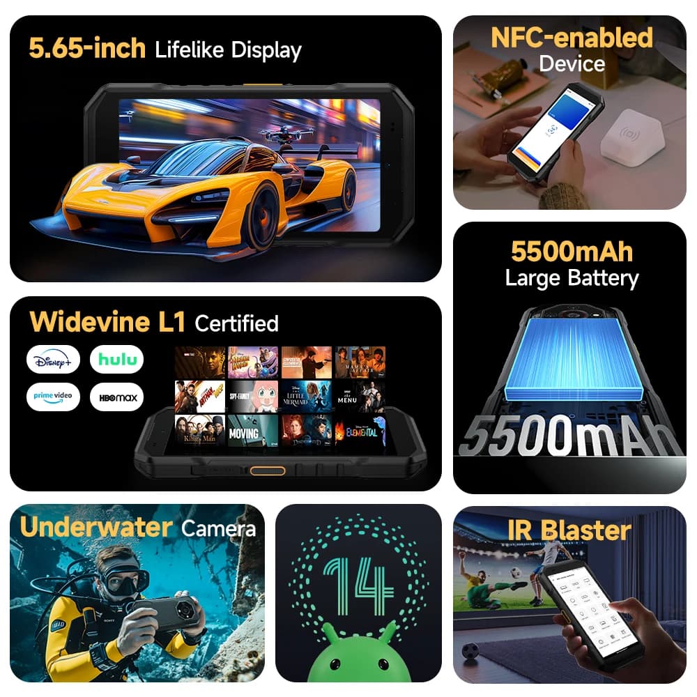 أرمور X32 برو 5G - هاتف متين مقاوم للماء، أندرويد، ذاكرة عشوائية 16 جيجابايت، تخزين 256 جيجابايت، شاشة 5.65 بوصة، معالج دايمنسي 6300، NFC - 6