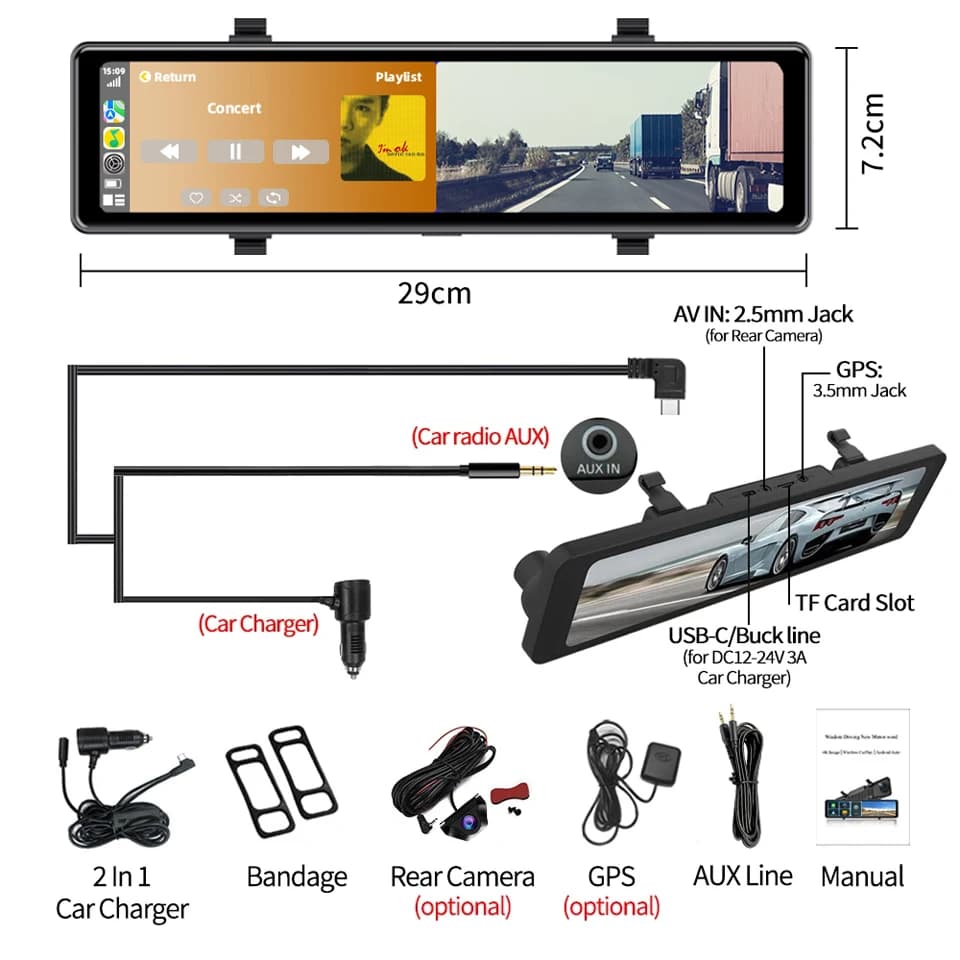 كاميرا لوحة القيادة عالية الدقة 4K مع نظام أندرويد وكاربلاي وواي فاي وبلوتوث وراديو FM ومدخل AUX وكاميرا خلفية اختيارية بدقة 1080 بكسل تدعم نظام تحديد المواقع العالمي وتسجيل فيديو السيارة - 6