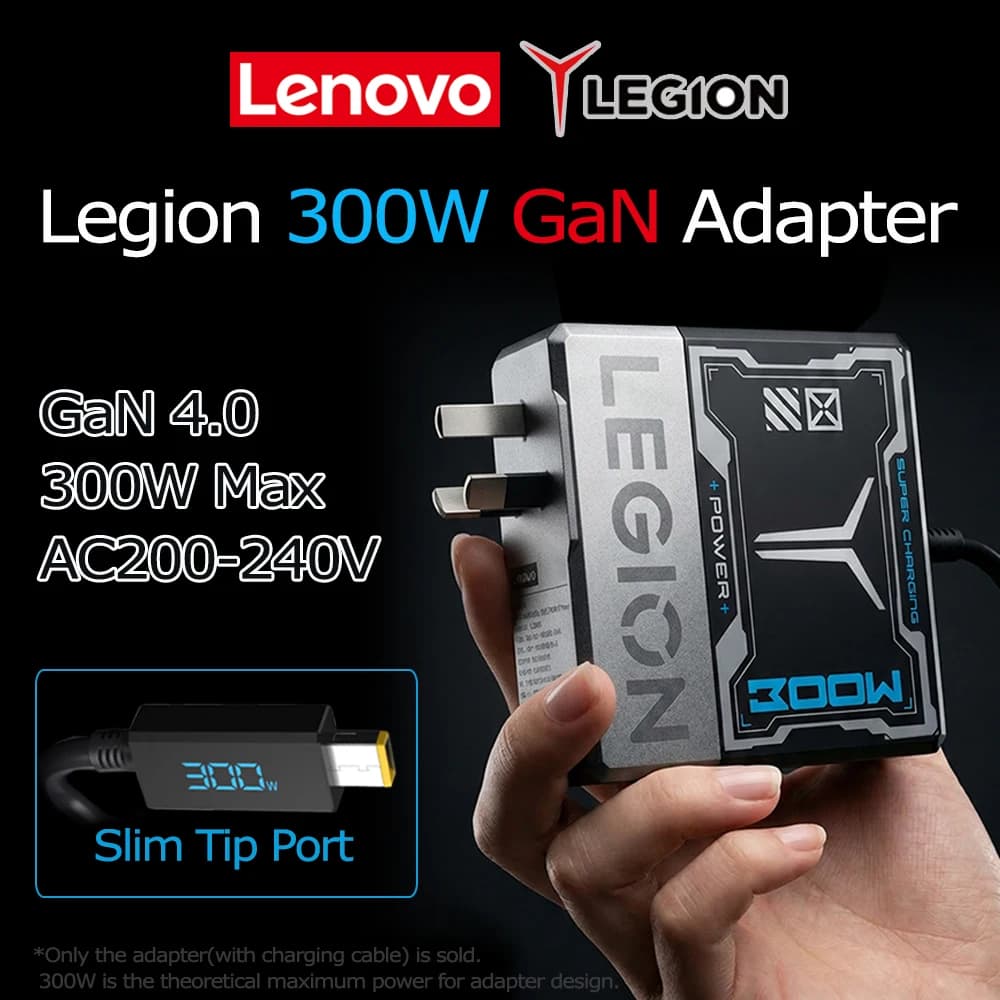 شاحن Lenovo Legion 300 واط GaN بشاشة رقمية، شحن سريع، لطرازات 7000X و7000P و9000X و9000P