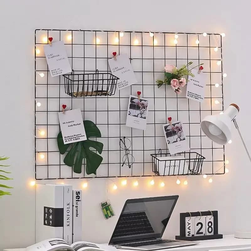 أرفف جدارية منزلية، ديكور شبكة حديدية، رف عرض جداري معلق، سلة تخزين، صينية، حامل أرفف للمطبخ وغرفة النوم - 2