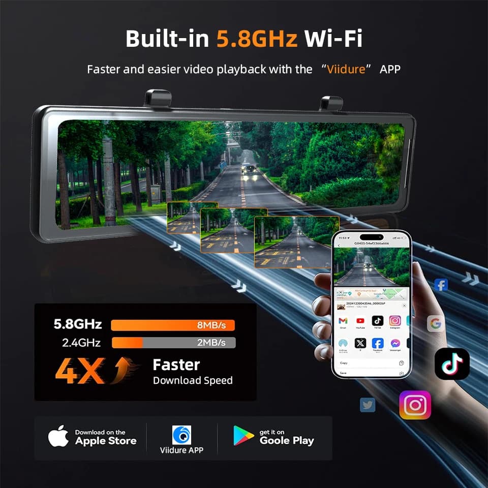 E-ACE A45P كاميرا سيارة 4K مع واي فاي وGPS، شاشة لمس 12 بوصة IPS، مرآة رؤية خلفية، خيار كاميرا خلفية، مسجل فيديو - 4