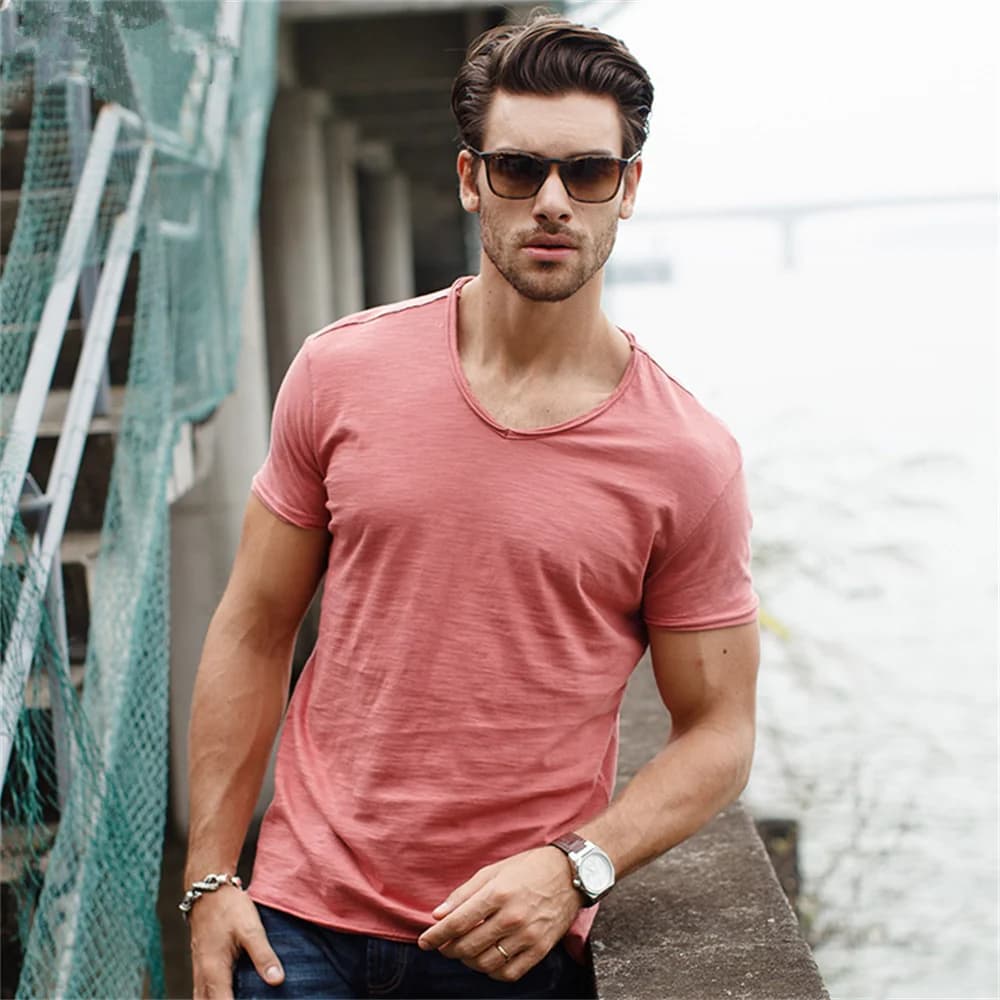 AIOPESON100% Cotton Men T-shirt V-neck Fashion Design Slim Fit Soild T-shirts Male Tops Tees Short Sleeve T Shirt O-neck For Men - 4