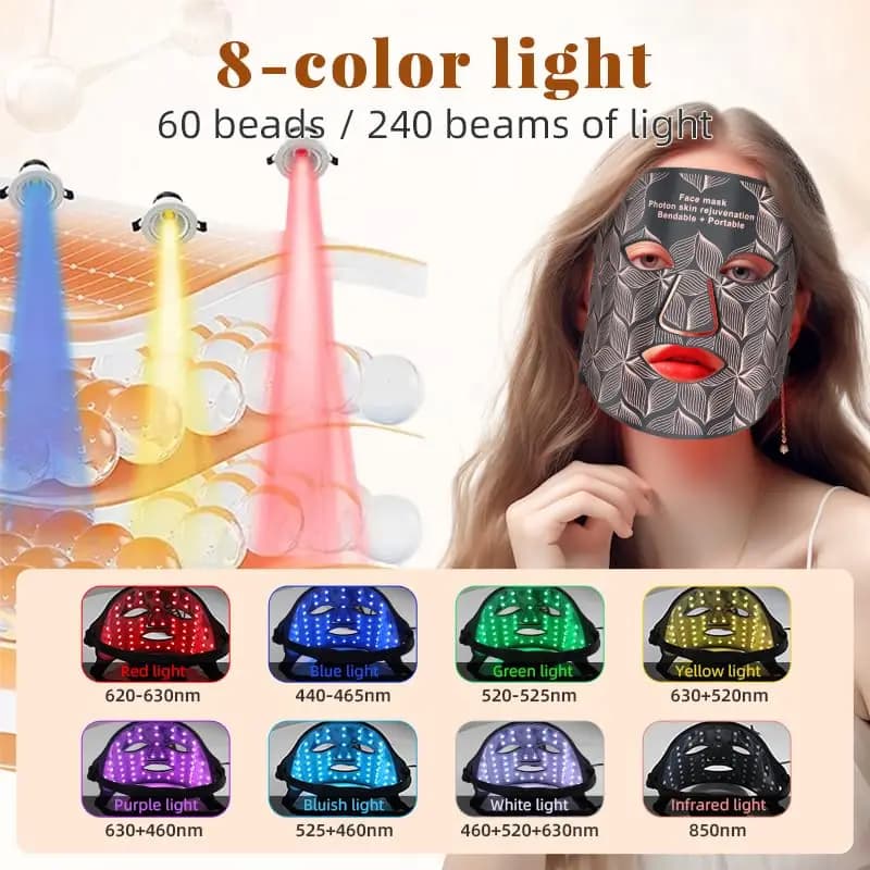 8 Colors Facial LED Mask with Neck Red Light Near Infrared Therapy Beauty Mask Anti Aging Skin Rejuvenation Lifting Tighten - 3