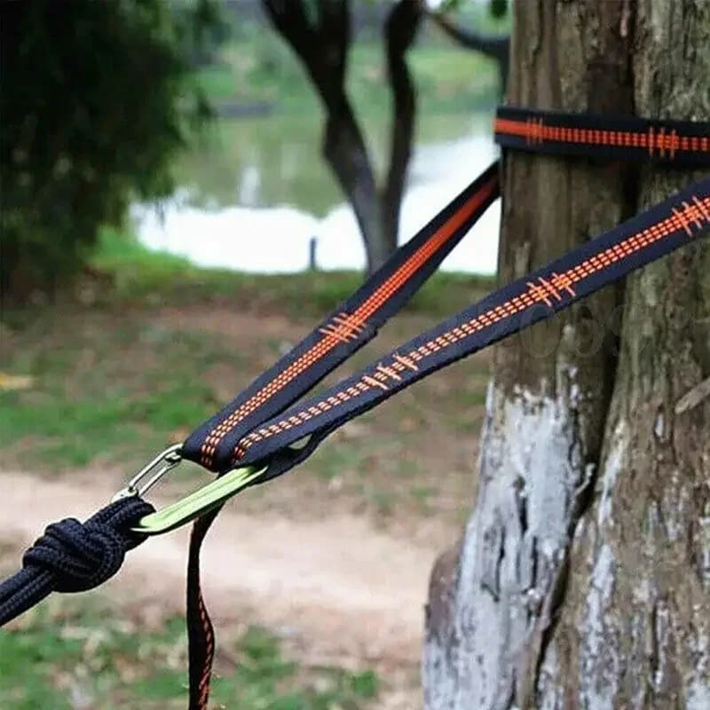 Correias de poliéster reforçado para acampamento ao ar livre Black Hammock Straps 5 Ring alta carga-rolamento farpado 2pcs