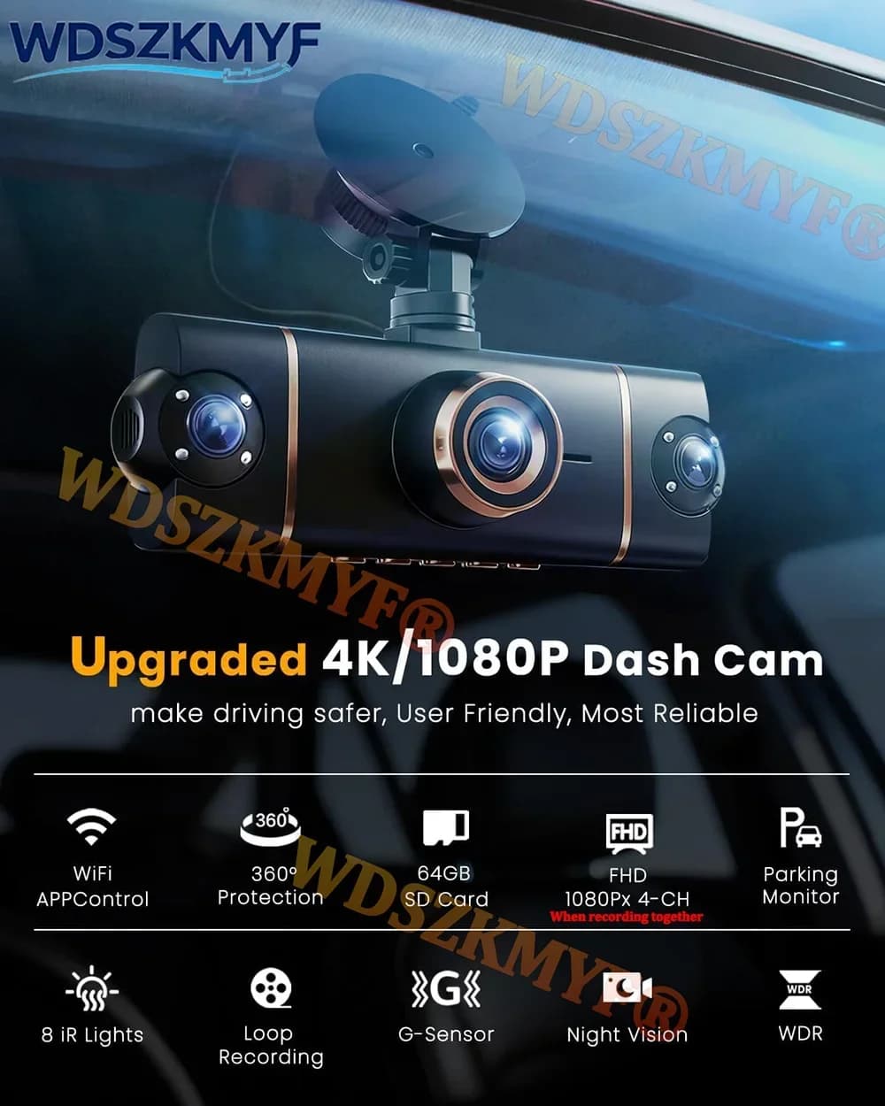 جديد كاميرا سيارة 4CH DVR بدقة UHD 4K و1080P مع واي فاي وتطبيق تسجيل فيديو 360 درجة مع رؤية أمامية وخلفية ليلية وصندوق أسود 4K - 2