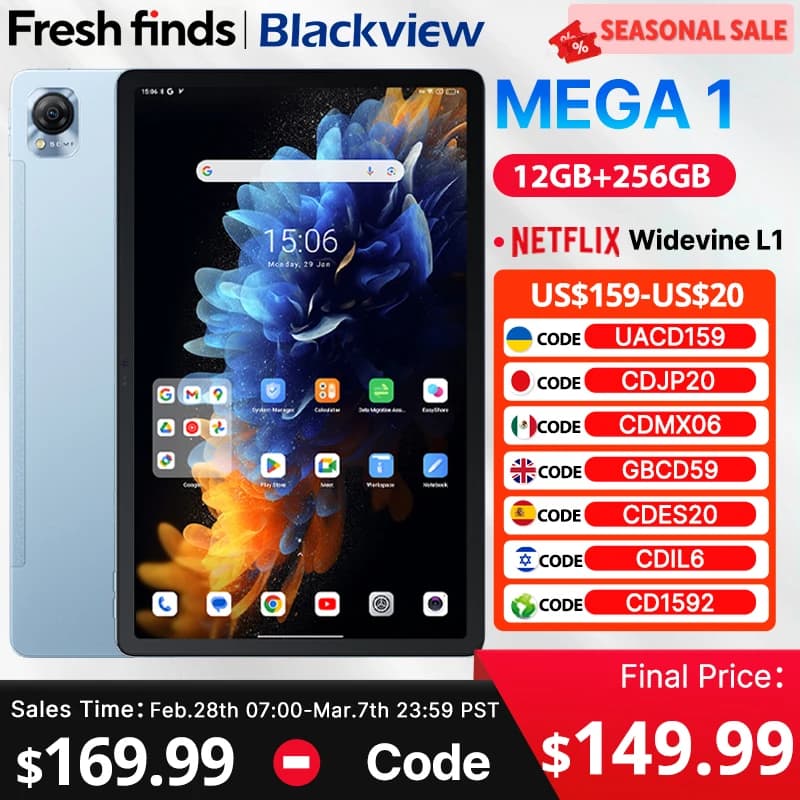 أجهزة لوحية Blackview MEGA 1 مقاس 11.5 بوصة بشاشة 2.4K بمعدل تحديث 120 هرتز وكاميرا 50 ميجابكسل وذاكرة 12 جيجابايت وسعة تخزين 256 جيجابايت وبطارية 8800 مللي أمبير وشحن 33 واط ودعم Widevine L1 ونظام أندرويد