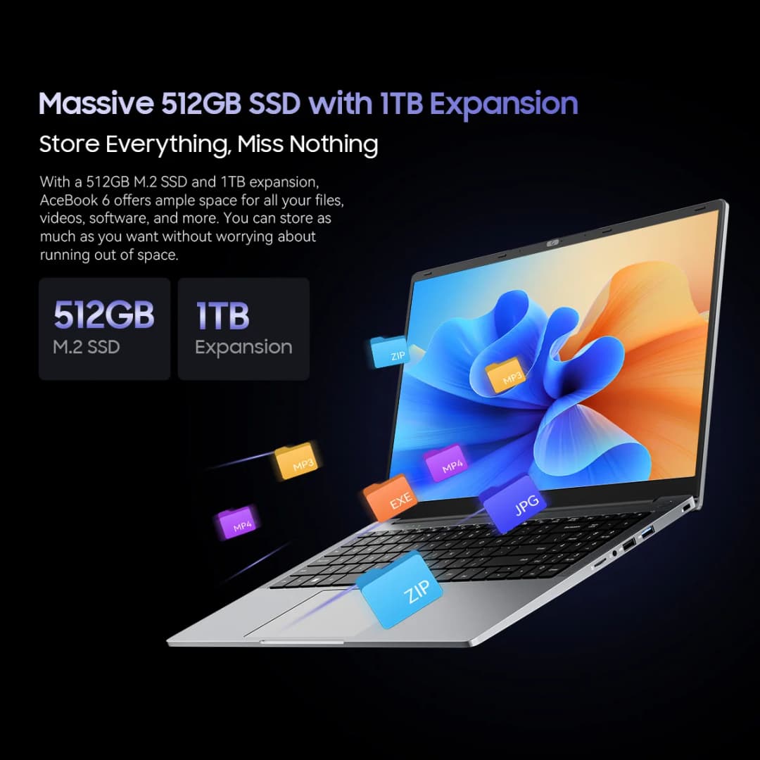 كمبيوتر محمول Blackview AceBook 6، لطلاب الأعمال، معالج رباعي النواة N150، 16 جيجابايت DDR4، 512 جيجابايت SSD، شاشة 15.6 بوصة FHD IPS - 5