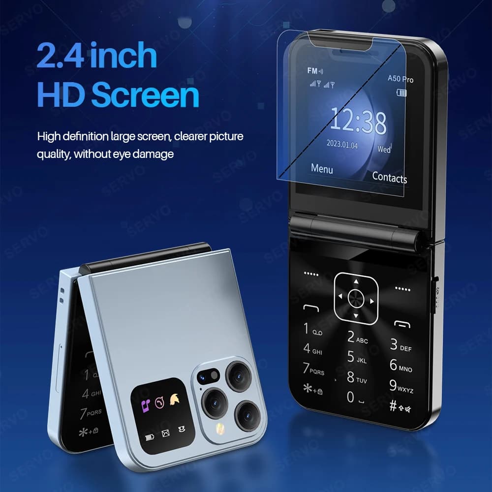 SERVO A50 PRO هاتف محمول قابل للطي بشاشة 2.4 بوصة اتصال سريع تسجيل المكالمات قائمة سوداء شريحتين مفتوح قابل للطي إصدار جديد - 4