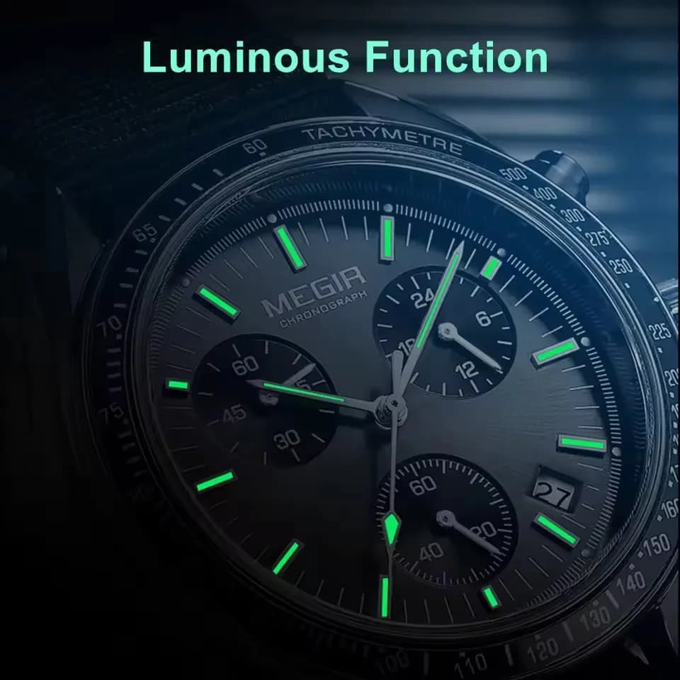 MEGIR 2247 ساعة رياضية سوداء جديدة كرونوغراف كاجوال بحزام من النسيج، كوارتز مقاوم للماء، ساعة يد للرجال - 5