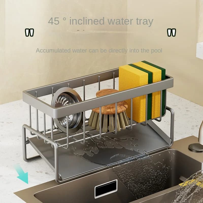 رف المطبخ من الفولاذ المقاوم للصدأ، رف تصريف إسفنجي، رف تصريف الحوض، مستلزمات غسل الأطباق، تخزين قماش الأطباق، رف الصرف - 5