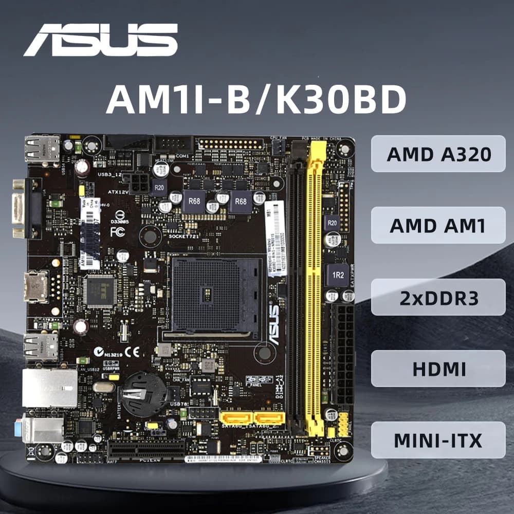 مجموعة لوحة أم ASUS AM1I-B/K30BD DP Mini ITX مع بطاقة معالج، ذاكرة DDR3، شريحة AMD A320، PCI-E 3.0، SATA2، USB2.0، مقاس 17*17 سم، للمكتب
