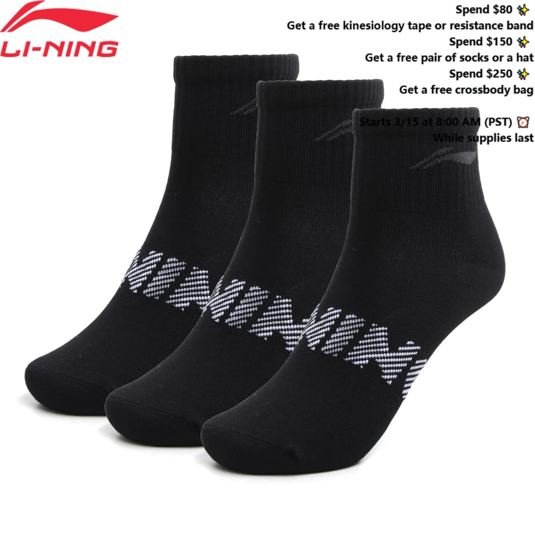 لي-نينغ للجنسين 3 أزواج جوارب بتصميم رياضي للرجال والنساء مقاس 22-28 سم، جوارب مريحة وتنفس بحروف لي-نينغ موديل AWSU025