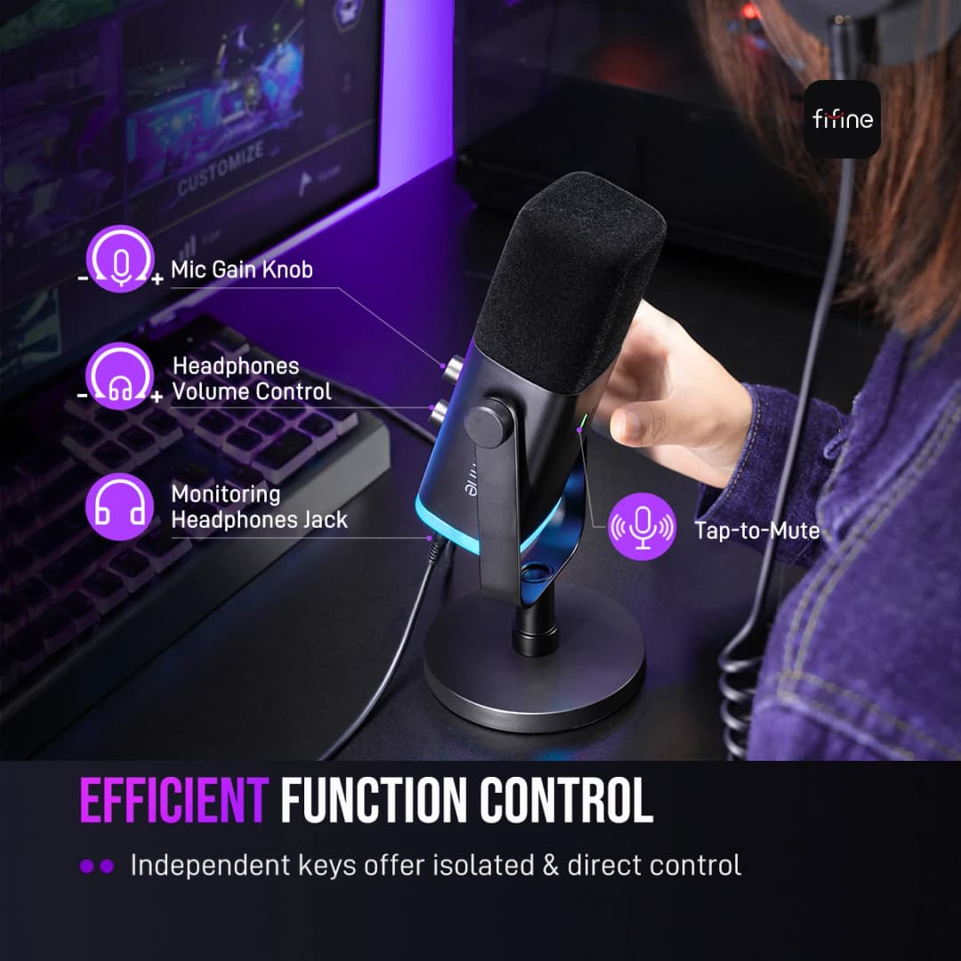 FIFINE USB/XLR Dynamic Microphone with RGB Control/Headphone jack/Mute,MIC for PC Gaming Recording Streaming AmpliGame-AM8 - 5