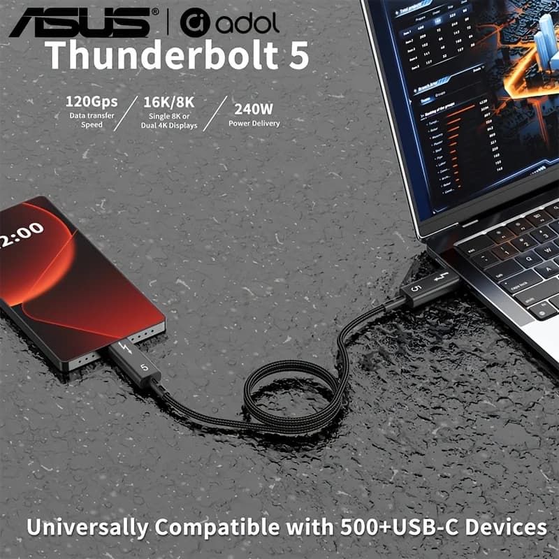 ASUS Thunderbolt 5 Cable 120Gbps PD 240W Data Cable Fast Charging 8K60Hz Type-C Cable for MacBook, iPad, iPhone, and Android - 3