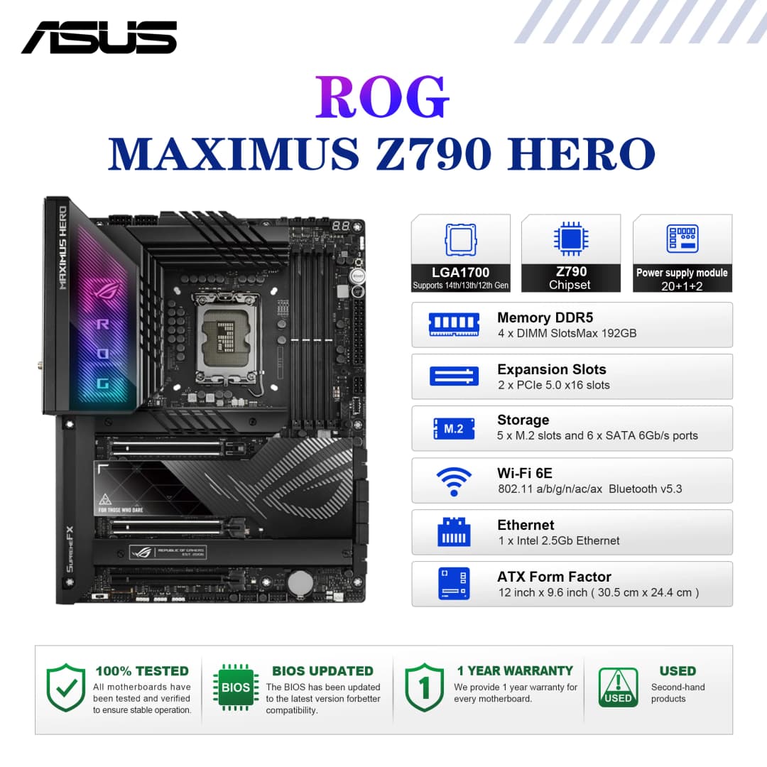 لوحة أم ASUS ROG MAXIMUS Z790 HERO مقبس LGA1700 معالج CPU DDR5 7800+(O.C) ذاكرة شريحة Z790 لوحة رئيسية ATX