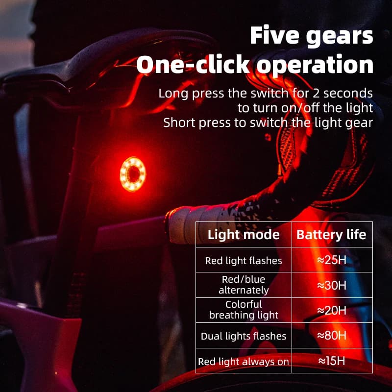 ضوء خلفي للدراجة الذكي من ROCKBROS مع استشعار الفرامل، مصنوع من الألمنيوم، مقاوم للماء، منفذ Type-C، مناسب لدراجات MTB والطرق، ضوء تحذيري للدراجات - 4